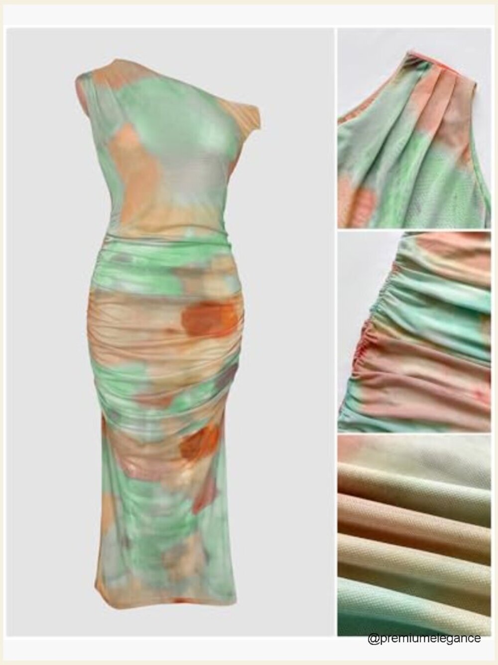 One Shoulder Ruched Bodycon Midi Dress Mesh Tie-Dye Party - Picture 5 of 7